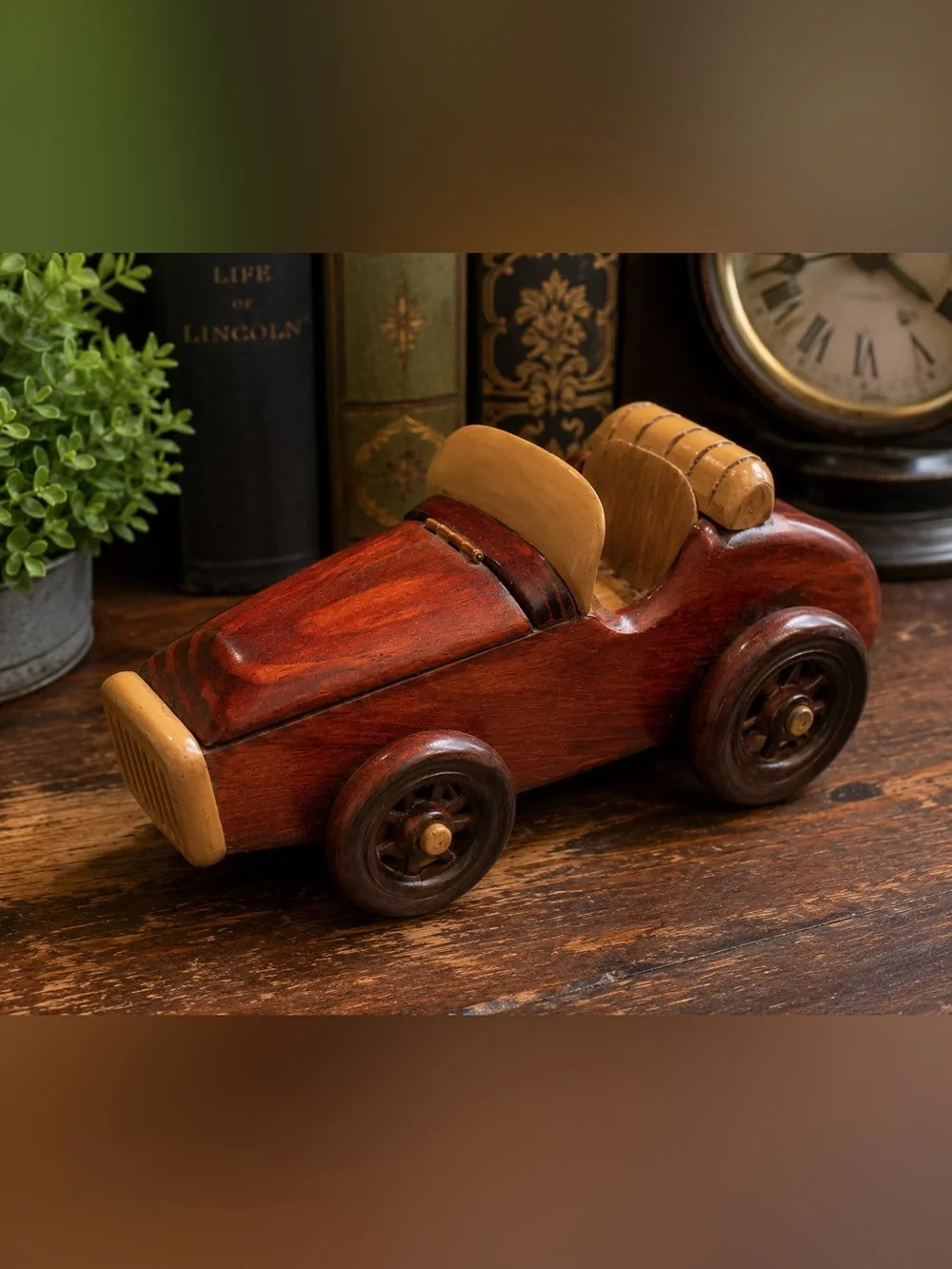 Vintage Wooden Roadster Car Trinket Box Hinged Hood Handcrafted 8” Decor